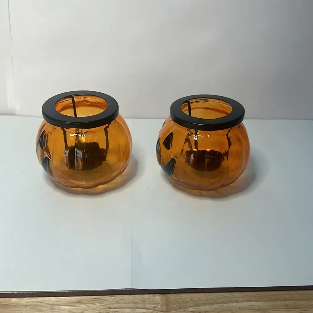 2pc Orange Glass Pumpkin Jack-O-Lantern Tea Light Candle Holders Halloween Decor